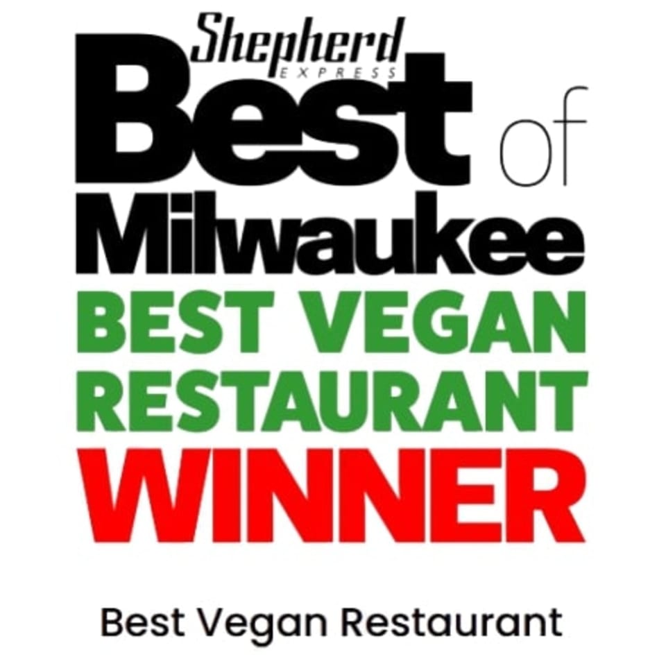 Shepherd Express Best of Milwaukee, Best Vegan Restaurant Winner award text.