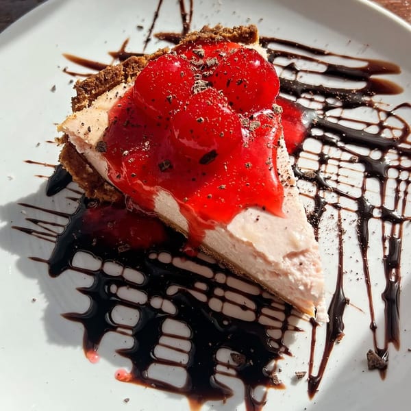 A slice of cheesecake with a graham cracker crust, topped with bright red cherries and chocolate drizzle.