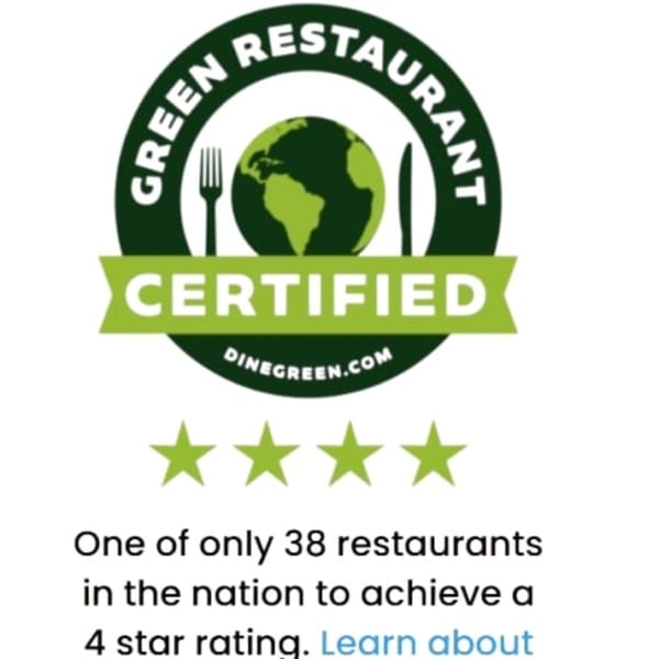 Green Restaurant Certified logo with four green stars and text about a 4-star rating.